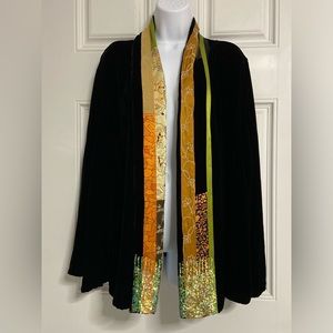 U- Block Print Collar Soft Velvet Open Front Cardigan